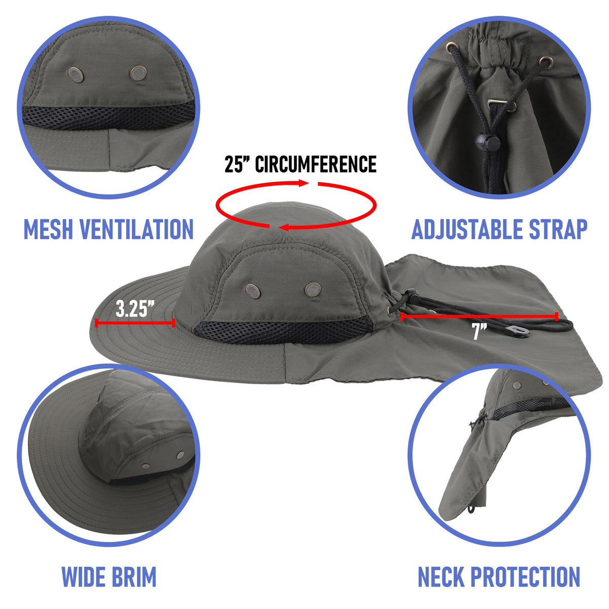 Falari Outdoor Sun Hat, Wide Brim with Neck Flap, Safari Hiking Gardening Fishing Hat - Gray