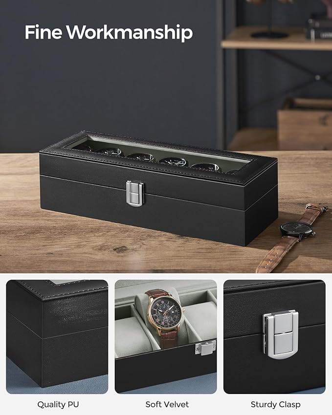 SONGMICS Watch Box, 6-Slot Watch Case Organizer with Large Glass Lid, Removable Pillows, Gift for Loved Ones, Black Synthetic Leather, Greenish Gray Lining UJWB06BK