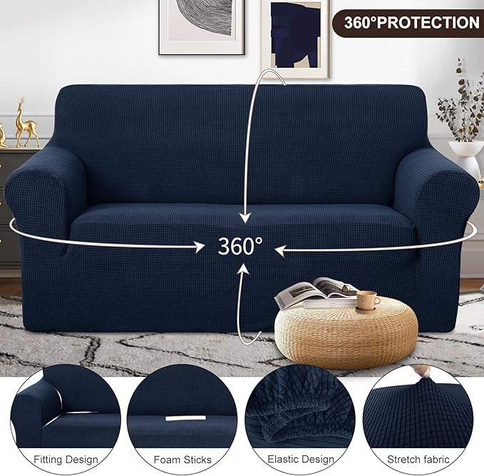 U-NICE HOME Oversized Stretch Loveseat Couch Cover Sofa Covers Washable Sofa Slipcover Furniture Protector for 2 Cushion Couch Sofa Pet Friendly, Navy