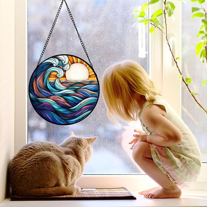 DASTOLL Stained Glass Window Hanging, Big Wave Sun Suncatcher Diamond Glass Panel Hangings Abstract Sun Catchers Decor for Birthday for Women, Men, Wife, Aunt, and Mom 9.8 in