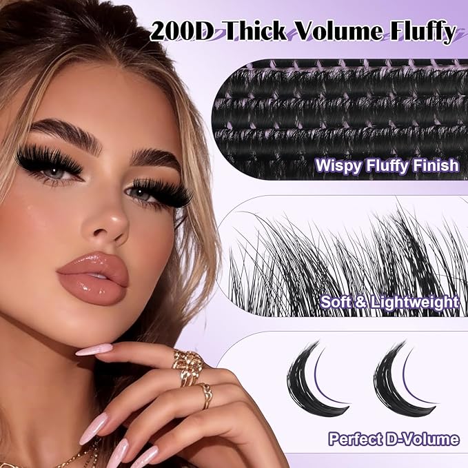 B&Q Fluffy Lash Clusters Thick 200D, Volume Eyelash Clusters 10-18mm, D Curl Cluster Eyelash Extensions, Supersoft Individual Lashes Wispy Cluster Lashes Dramatic Full Look Eyelash（200D）