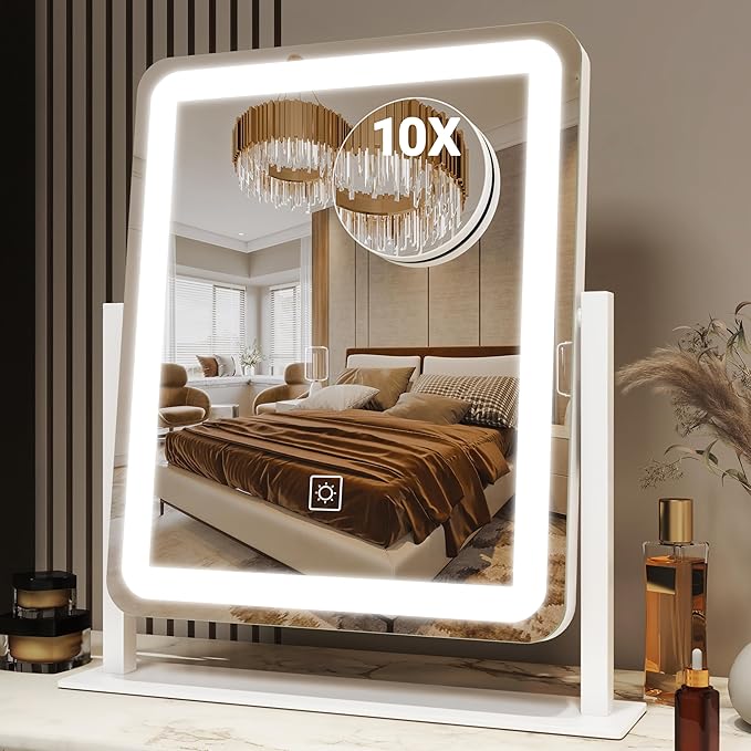 FENNIO Vanity Mirror with Lights - 15"x13" LED Lighted Makeup Mirror, Makeup Mirror with Lights, Touch Screen with 3-Color Lighting, Dimmable,10X Magnification Mirror for Vanity Desk Tabletop