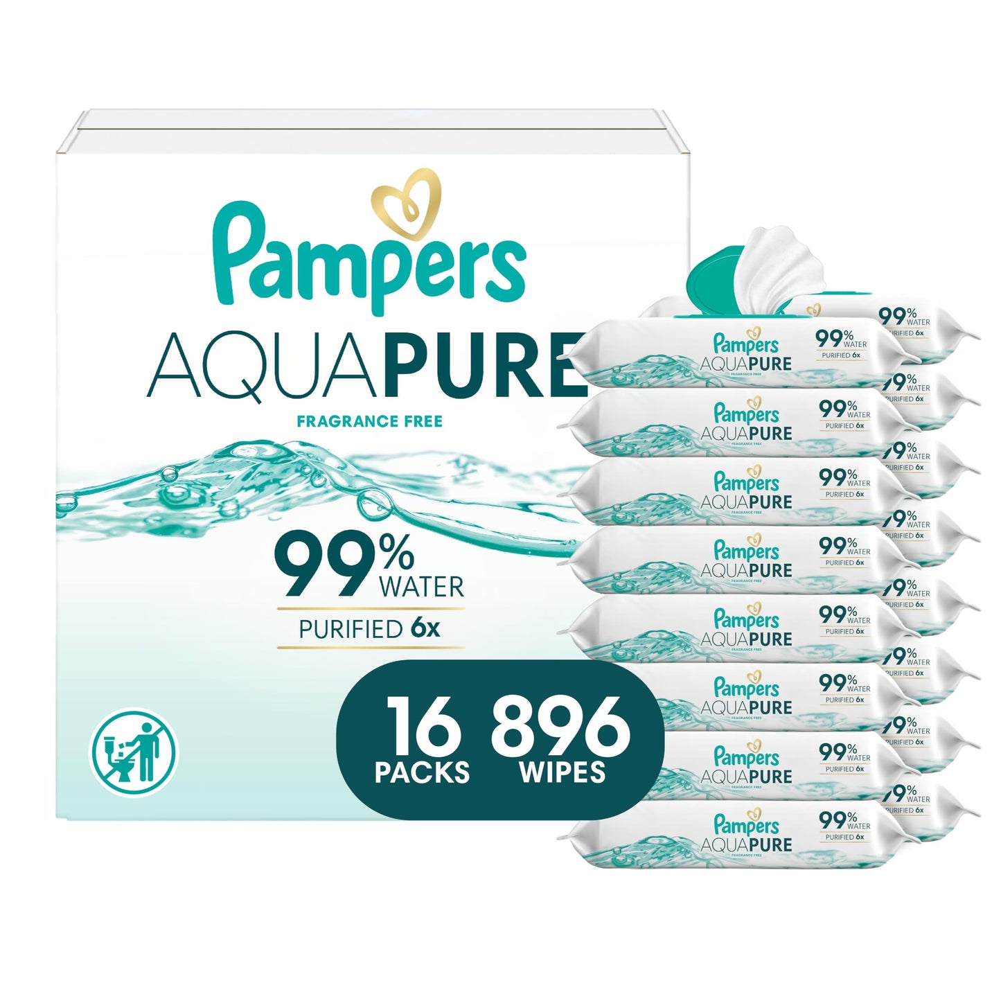 Pampers Aqua Pure Baby Wipes, 99% Water, Fragrance Free, 896 Baby Wipes Total (16X Flip-Top Packs) [Packaging May Vary]