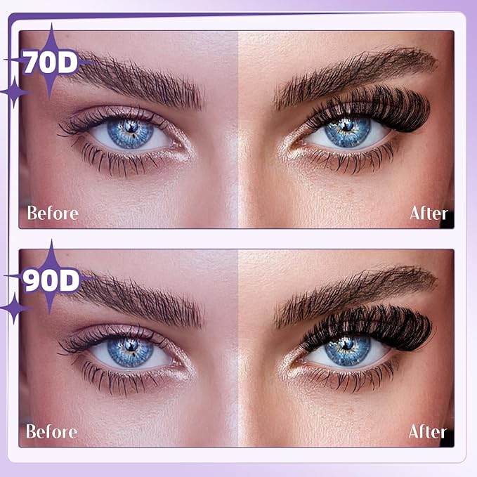 B&Q Volume Lash Clusters 70D+90D, Supersoft Eyelash Clusters 10-18mm, D Curl Cluster Eyelash Extensions, Wispy Cat Eye Lashes Fluffier Individual Lashes for Beginners（70D+90D）
