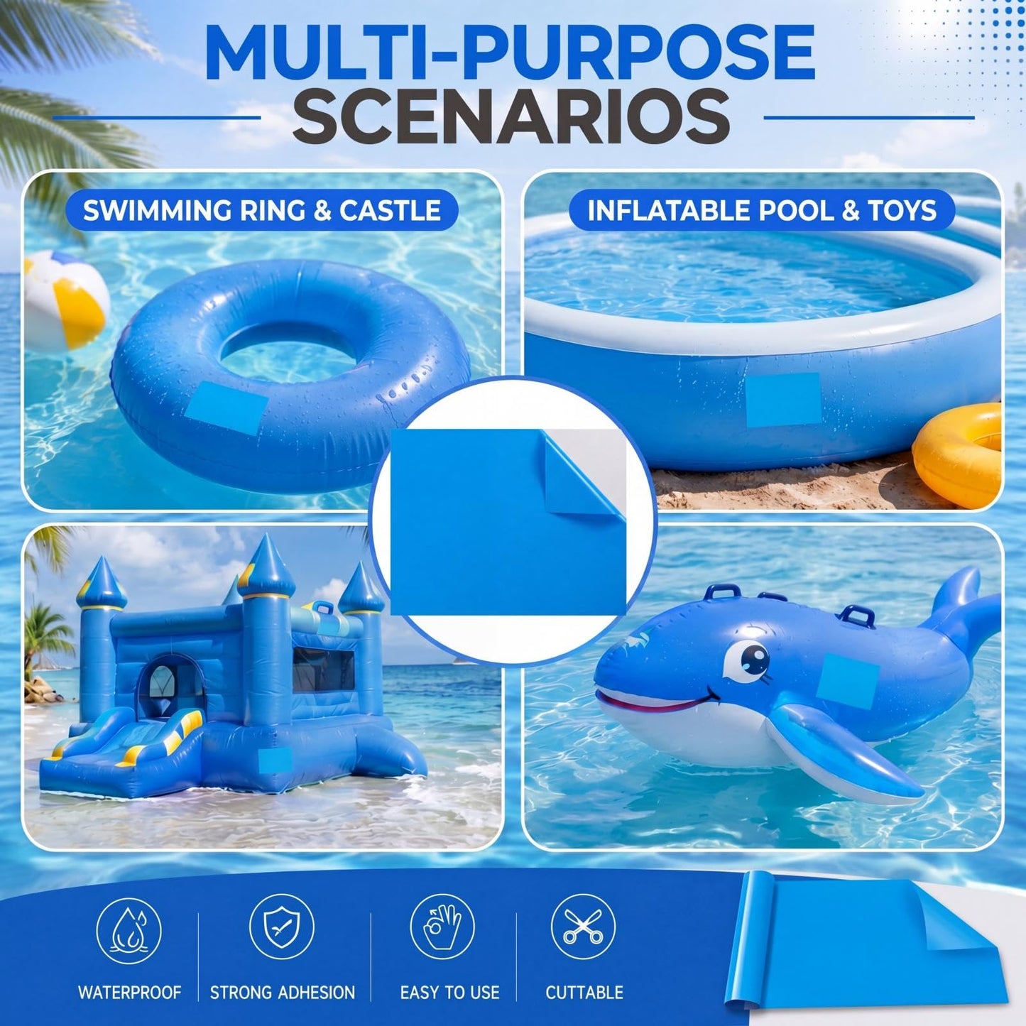 Syhood Extra Large Pool Liner Repair Patch 5.6 ft x 8.2 ft Blue Self Adhesive Vinyl Pool Patch Repair Kit for Christmas Bounce House Above Ground Pools Inflatable Floats Toys Snow Tube