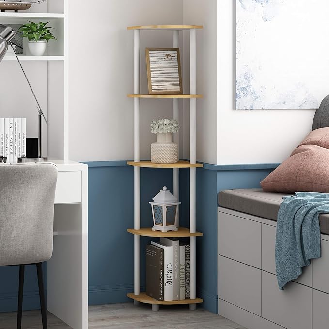 Furinno TURN-N-TUBE Corner Shelf, 5-Tier Corner Bookshelf, Open Storage Shelves, for Organization and Storage, Living Room, Home Office, Garage, Bedroom, Beech