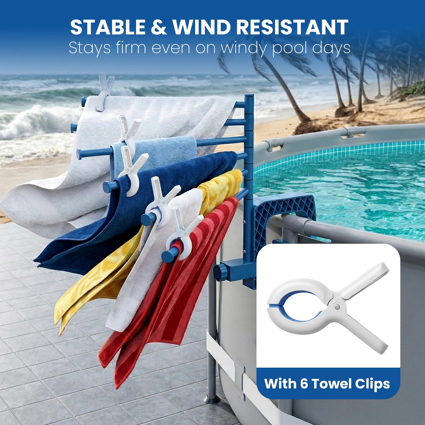 Aquajoyer Poolside Pool Towel Rack Outdoor for Above Ground Round Pools, Stainless Steel Swivel Pool Towel Holder 6 Bars Towel Dying Rack Towel Stand for Above Ground Pool Accessories [Patent Pending]