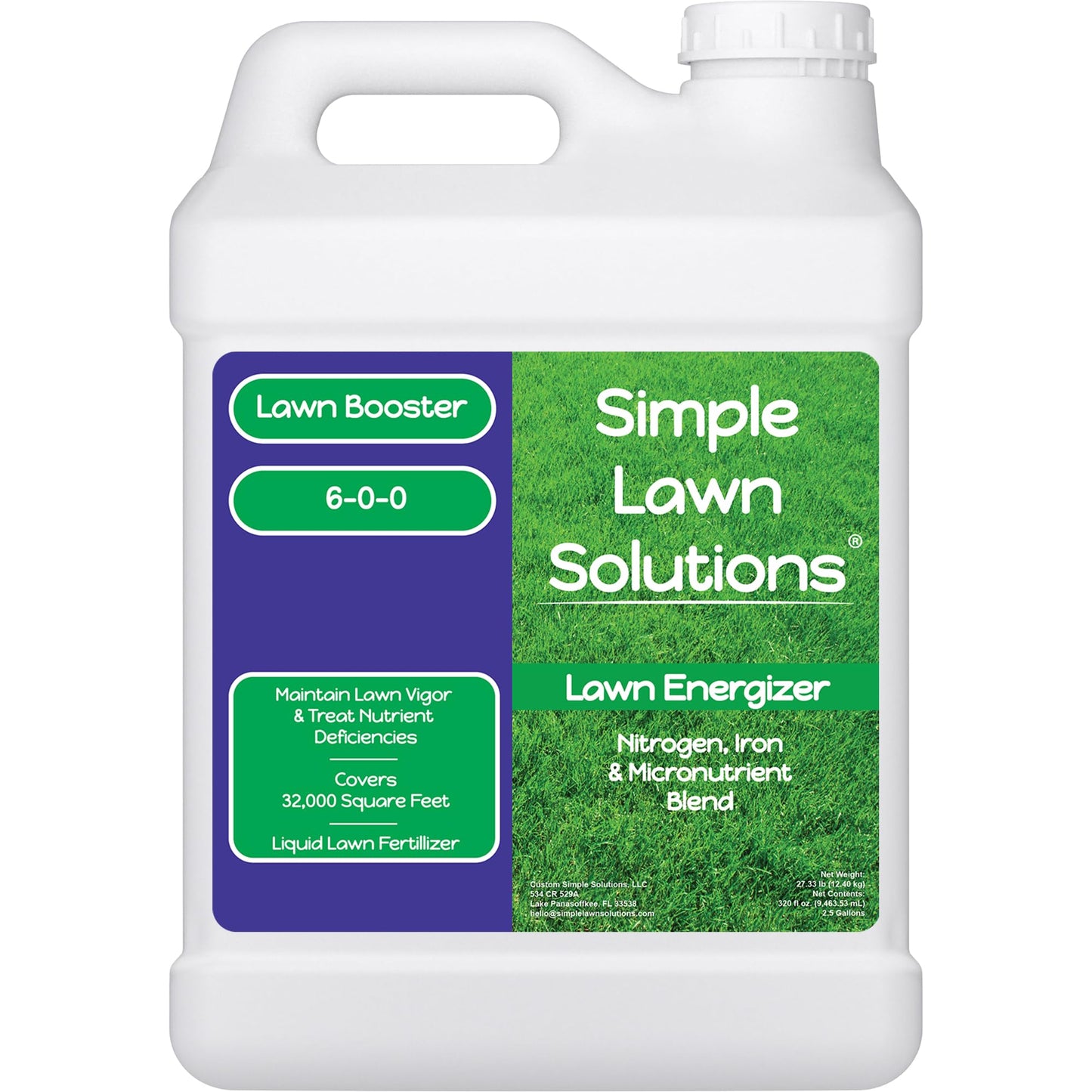 Commercial Grade Lawn Energizer- Grass Micronutrient Booster with Iron and Nitrogen- Liquid Turf Spray Concentrated Fertilizer- Any Grass Type, All Year- Simple Lawn Solutions (2.5 Gallons)