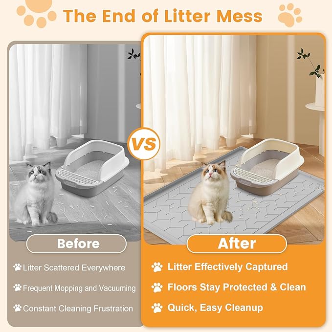 Cat Litter Mat, Extra Large 40"x28" Silicone Mat for Litter Box, Waterproof & Non-Slip Rubber Mat with Lip, Litter Trapping & Scatter Control, Soft on Cat Paws, Urine-Proof Floor Protector