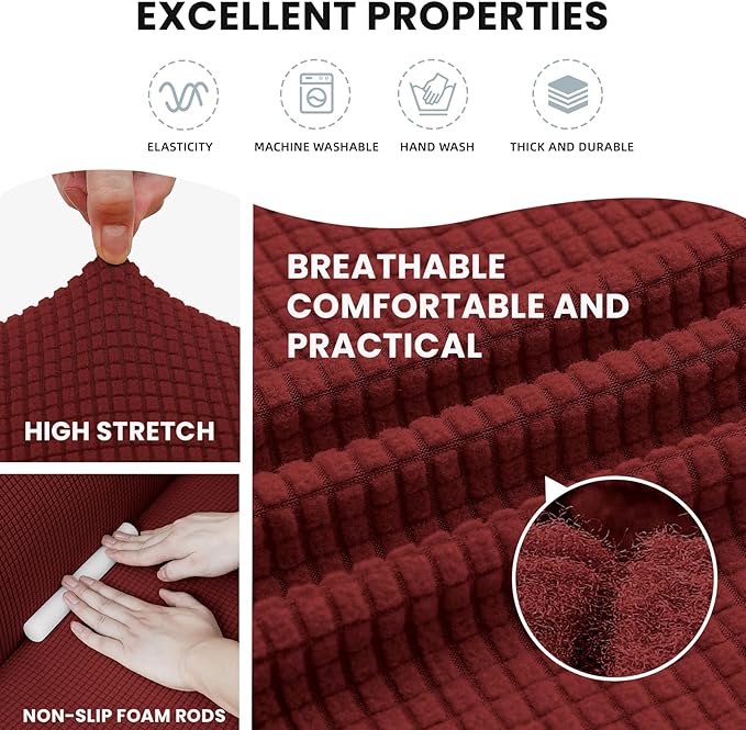 LURKA Stretch Sofa Slipcovers 1 Piece Couch Covers for 3 Cushion Couch Sofa Furniture Protector Full Sofa Covers with Elastic Bottom for Kids and Dog (Large, Dark Red)