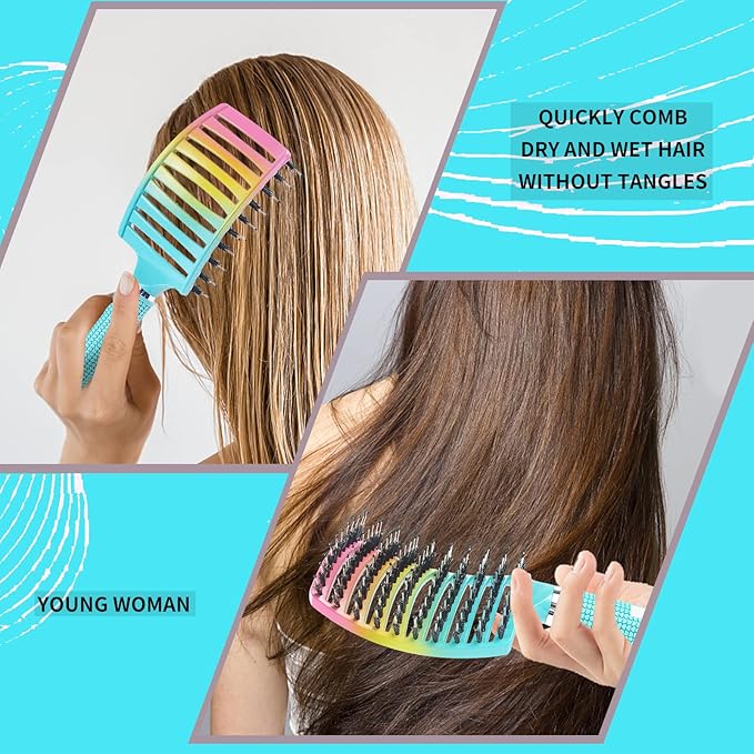 Detangling Brush Boar Bristles Hair Brush for Adult & Kids Wet or Dry Hair,Curved and Vented Detangler Brush - Adds Shine and Makes Hair Smooth(Green)