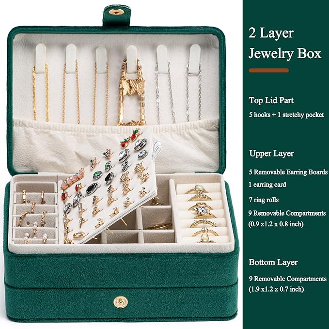 MODENGKONGJIAN Jewelry Organizer Box, 2-Layer Large Jewelry Storage Case, Portable Travel Jewelrys Display Holder for Earrings, Necklaces, Bracelets (Green,Velvet)