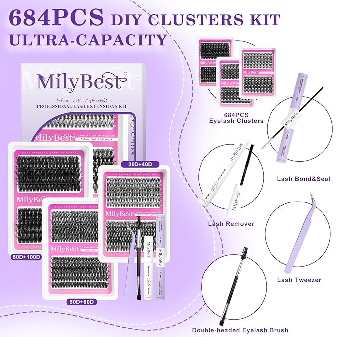 MilyBest Lashes Clusters Kit 684Pcs Bulk Wispy False Eyelash Extensions, Natural Lash Clusters D Curl Individual Eyelashes Volume, Wholesale 3 Large Packs with Lash Glue&Seal|Tweezers|Remover|Brush