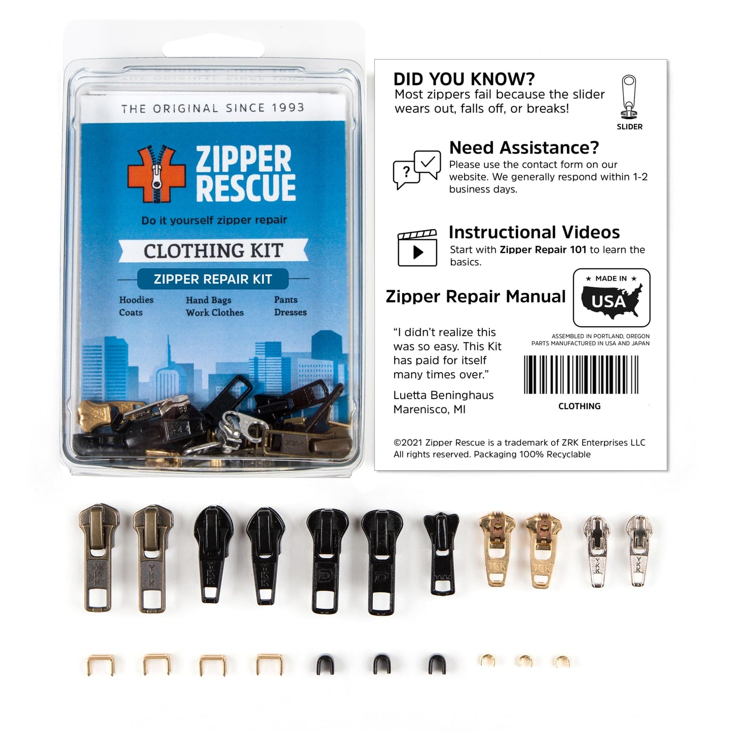 Zipper Rescue Clothing Zipper Repair Kit - The Original Zipper Pull Replacement kit for Hoodies, Pants, Handbags - Included 11 Metal Sliders, 4 End Stops, 6 Top Stops - Made in America Since 1993