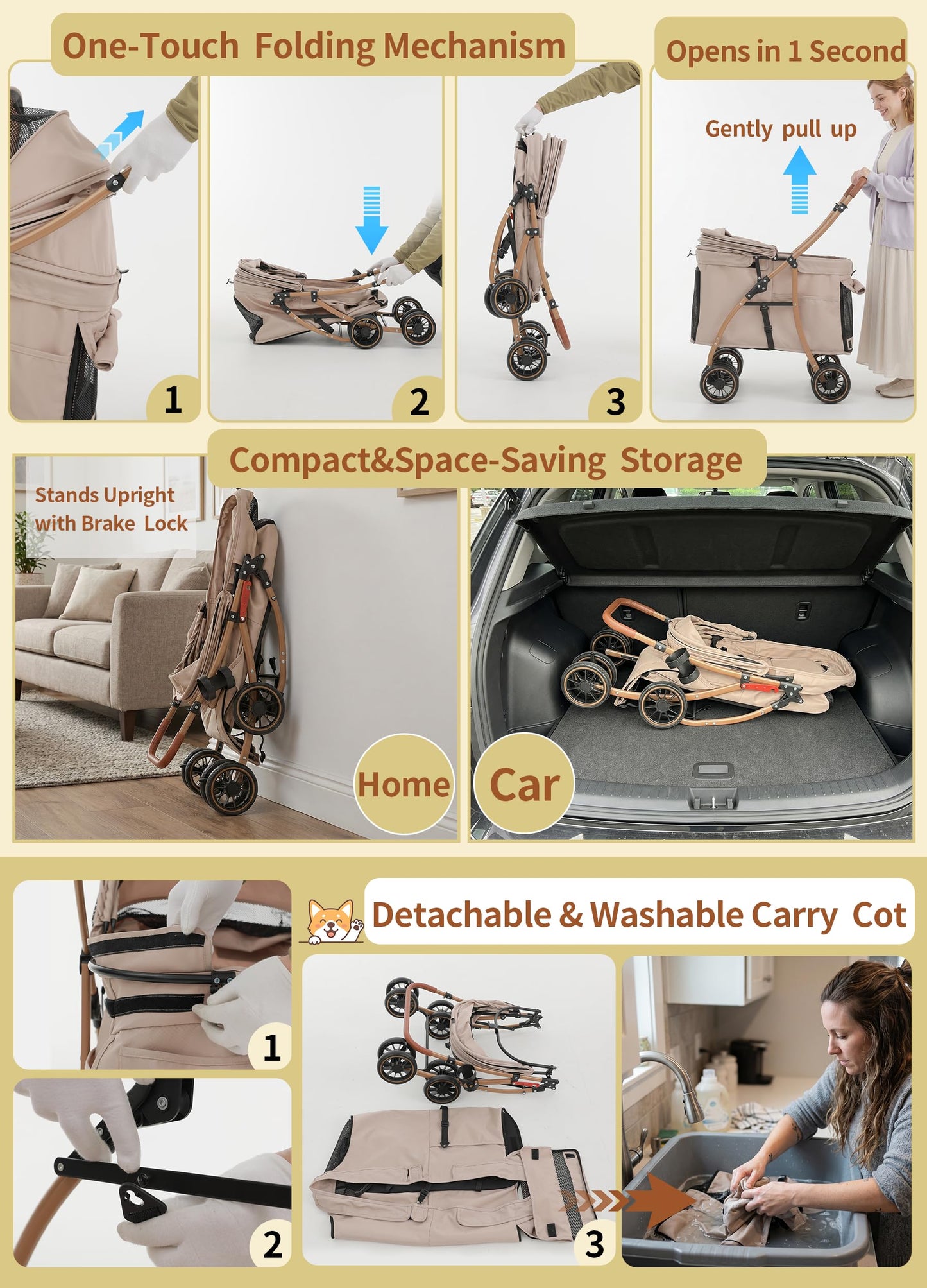 MILA&LOUIS Low-Profile Large Space Pet Stroller for Medium & Small Dogs, Suitable for Multi-Pet and Senior Dogs, 55lbs Max Load, 360° Swivel Front Wheels, One-Touch Foldable Design with Rear Brake