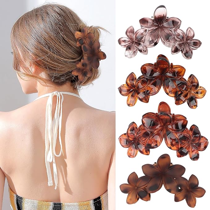 ANBALA 4Pcs Hair Claw Clips Flower Hair Clips French Jaw Clip Plumeria Flower Claw Clips for Women Girls (Leopard Print)
