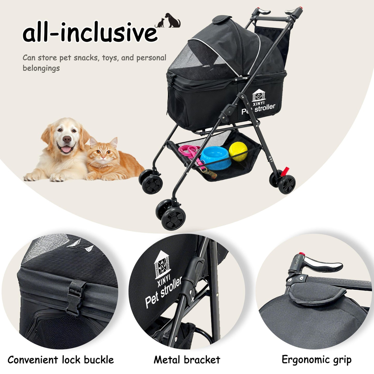 XL Extra-Large Pet Stroller, Running&Travel Pet Cart with Weather Cover, Cat&Dog Stroller for Large/Medium/Small Pets, Outdoor Pet Supplies 16.1"(D) 28"(W) 38.6"(H)