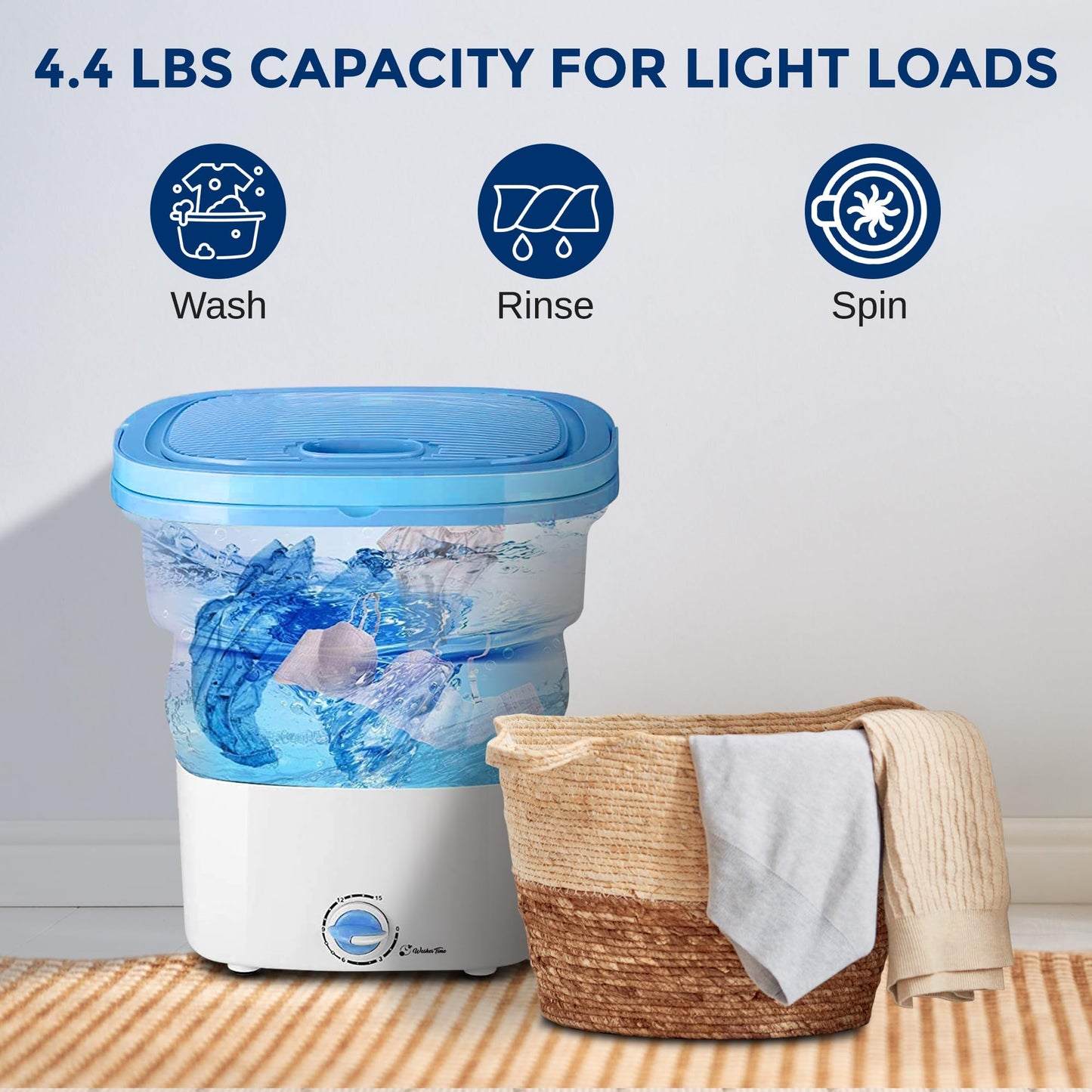 Pure Clean Portable Washing Machine 15L – Foldable Mini Washer for Baby Clothes, Underwear, Small Laundry – Compact Washing Machine for Apartments, Dorms, RV, Camping, Travel