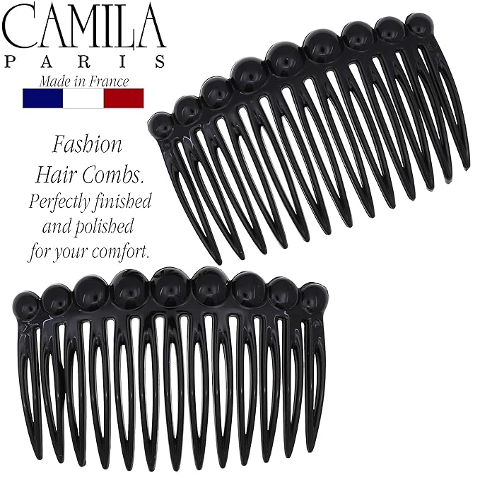 Camila Paris CP2869/2 French Hair Side Comb Small Rounded, Black French Twist Hair Combs Decorative, Strong Hold Hair Clips for Women Bun Chignon Up-Do Styling Girls Hair Accessories, Made in France