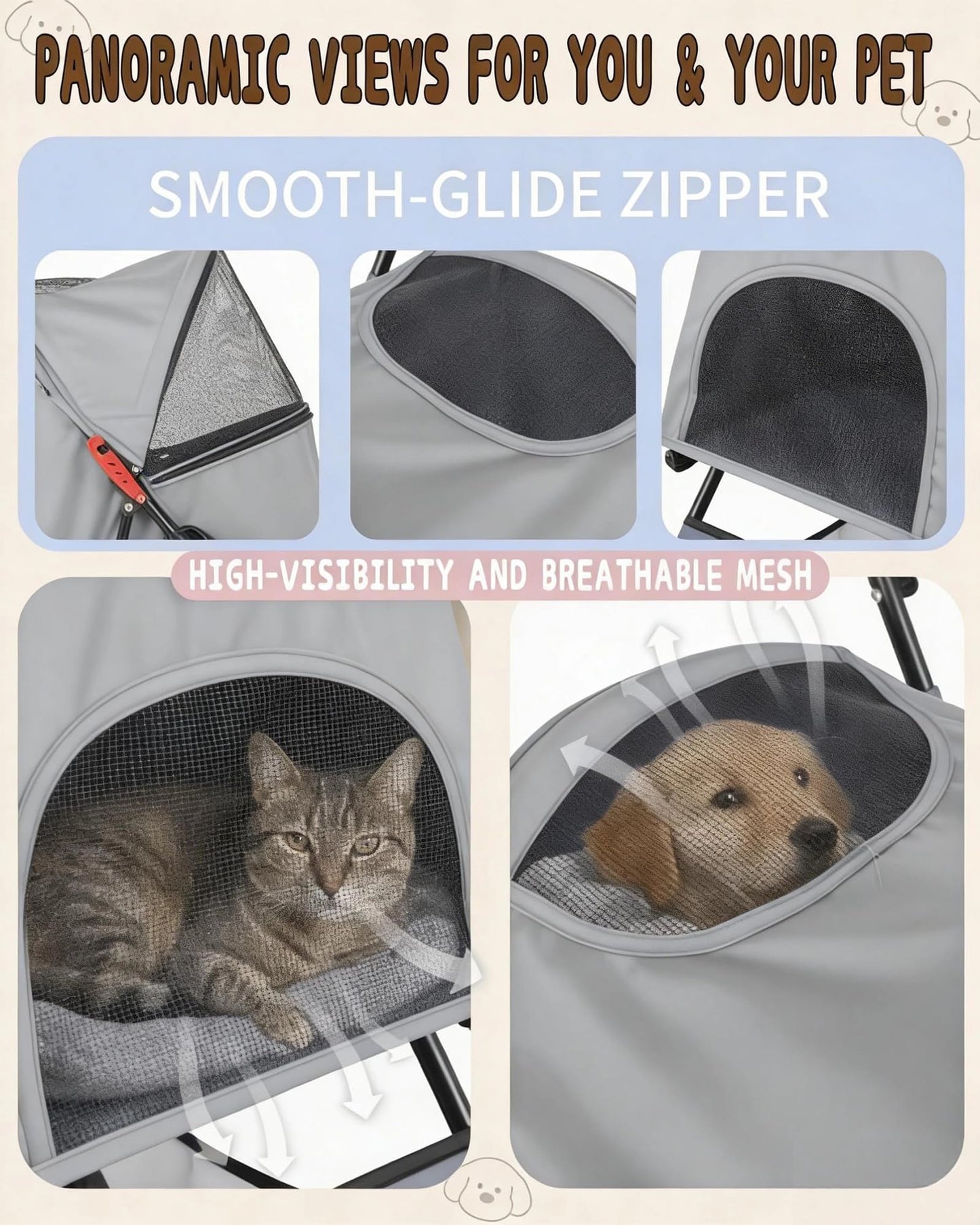 Pet Stroller for Small Medium Dogs Cats - Lightweight 10lbs Foldable Dog Stroller, Breathable Mesh & Safety Tether, 33lbs Capacity with Locking Wheels, Storage Basket for Outdoor Walks-Gray