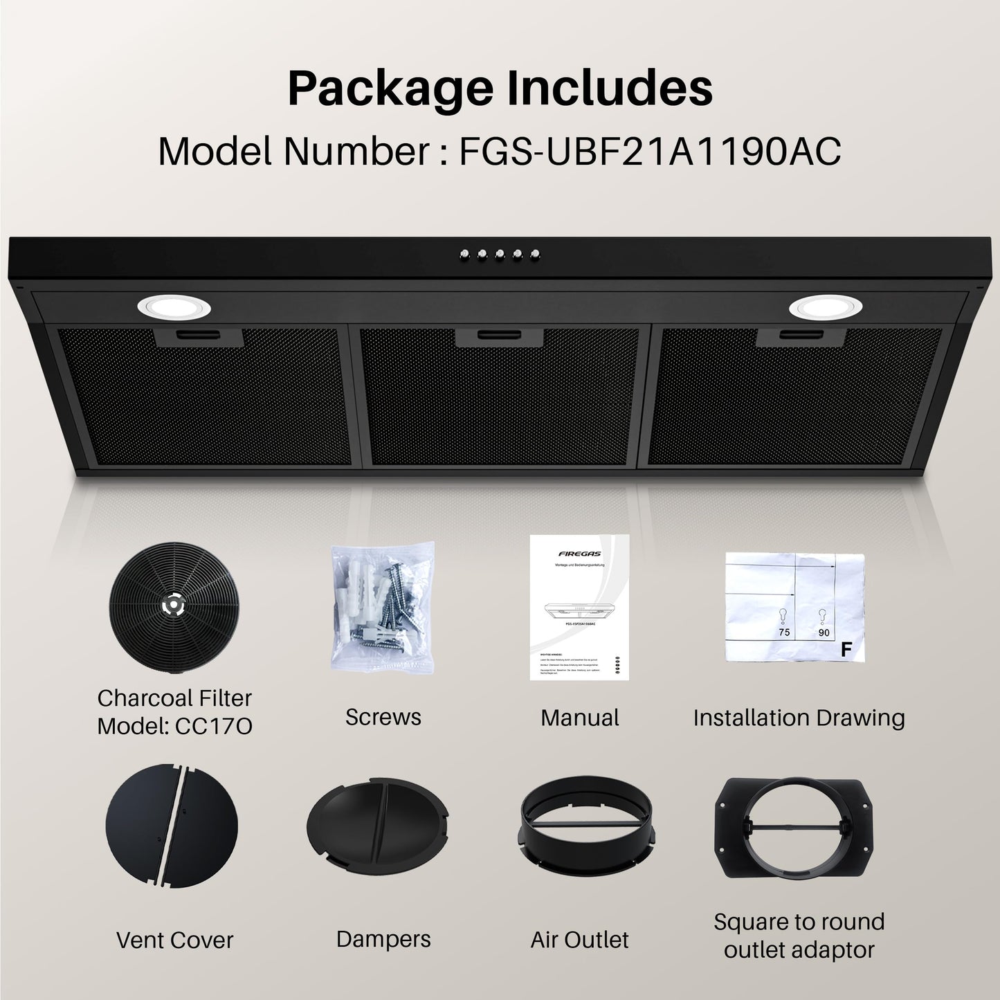 FIREGAS Black Under Cabinet Range Hood 36 Inch, Ducted/Ductless Convertible Kitchen Hood with 3 Speed Exhaust Fan, 300 CFM, LED Lights, Brushlesss DC Motor Vent Hood for Kitchen
