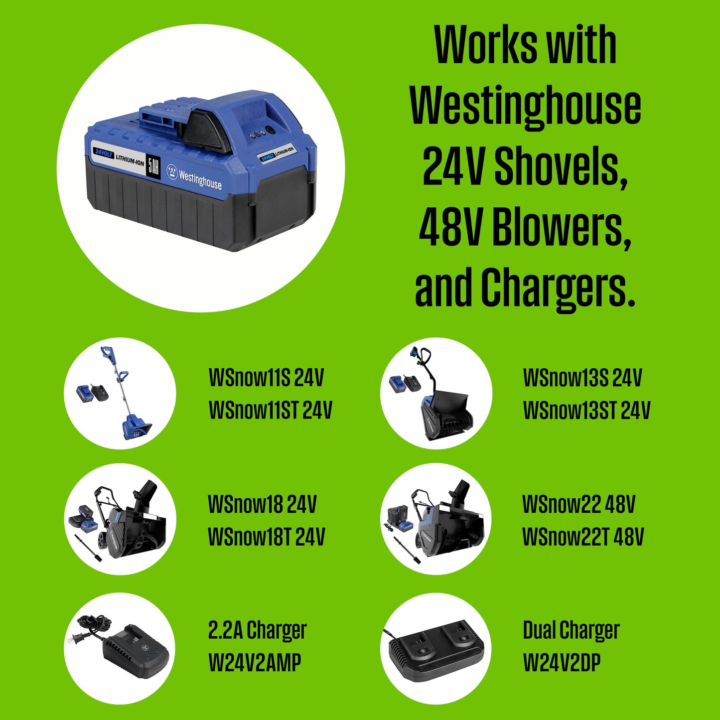Westinghouse W24V5AH 24 Volt 5Ah Lithium-ion Battery, Compatible with All Westinghouse 24V Cordless Snow Shovels & 48V Cordless Snow Blowers