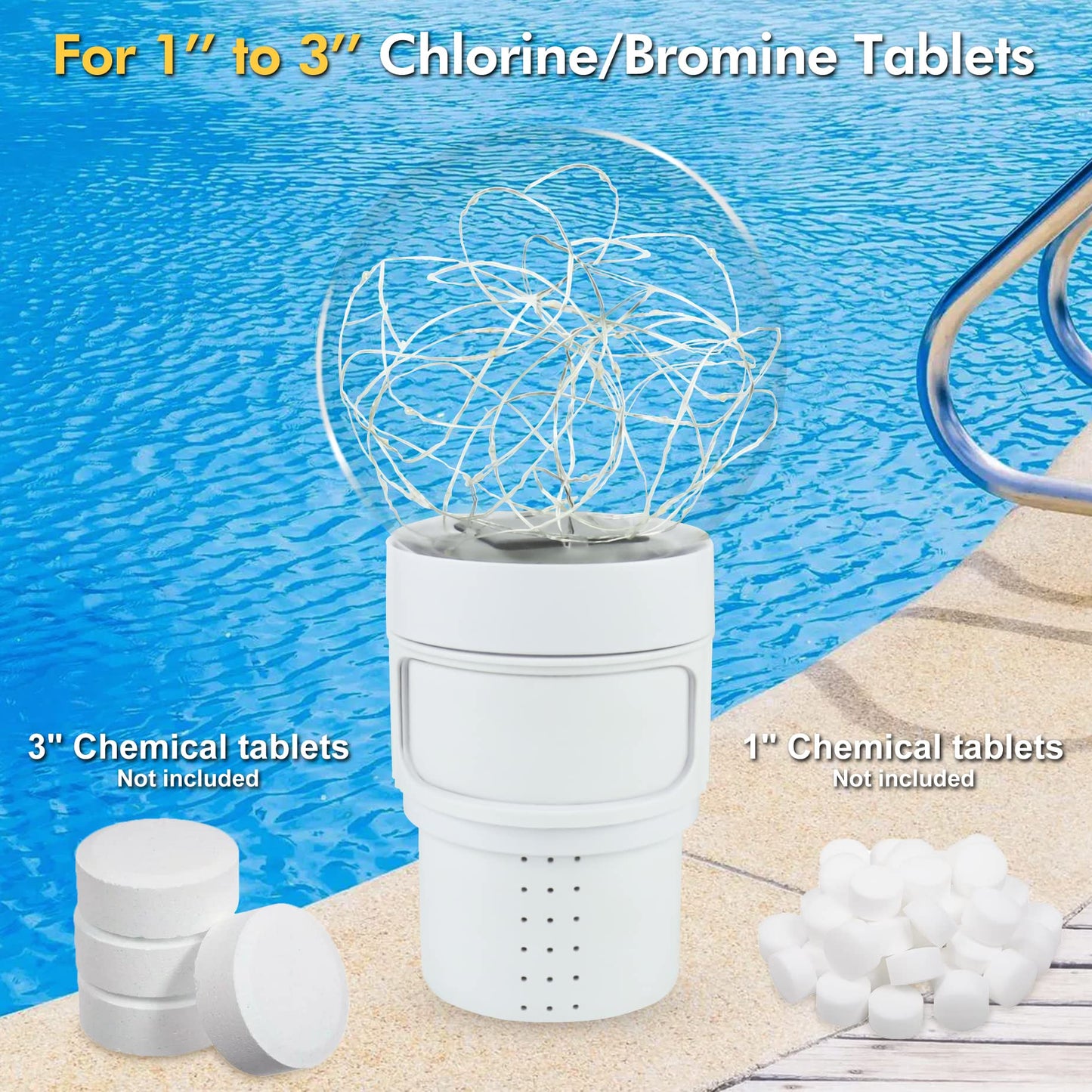 DeeprBlu Pool Chlorine Floater with Solar Ball Light, Floating Chlorine Dispenser for 3'' Chlorine Tablets, Chlorine Tablet Floater Chemical Dispenser Easy Opening, Bromine Tablet Holder for Pool, Spa