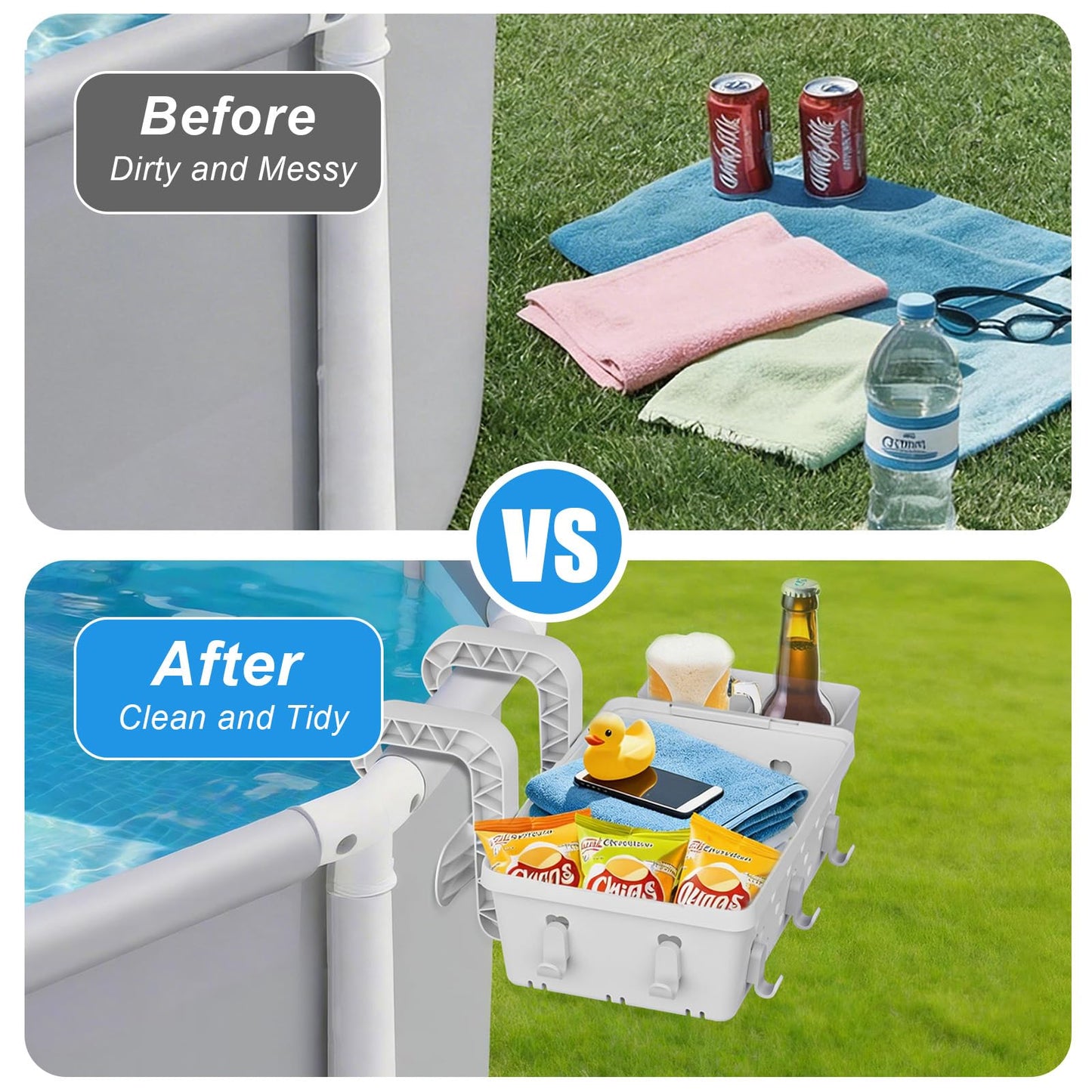 IZCUZK 2 Pack Poolside Storage Basket for Above Ground Pool, Hanging Pool Storage Organizer with Cup Holder & Hooks, Pool Accessories Organizer for Towels, Goggles, Toys (Grey)