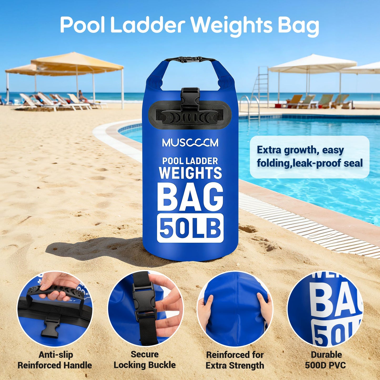 MUSCCCM 50LB Heavy Duty Pool Ladder Weights Bag, 500D PVC Universal Sand Bags Step Anchors Above Ground and Inground Pool Step Sand Bags with Handles, Pool Waterproof Foldable, Leak-Proof (2 Pack)
