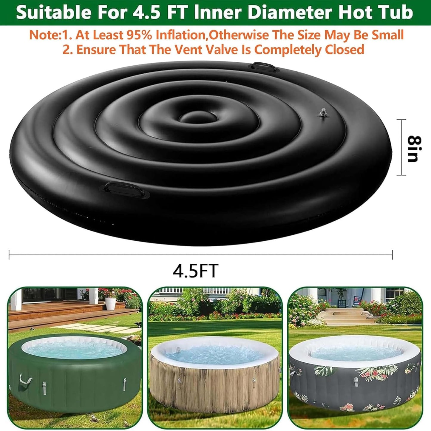 Tlswshsy 4.5 Ft Inflatable Hot Tub Cover- Energy Saving lid for Round Hot Tub- Foldable Protective Rain Overflow Cover for Outdoor Inflatable Hot Tubs (Black)