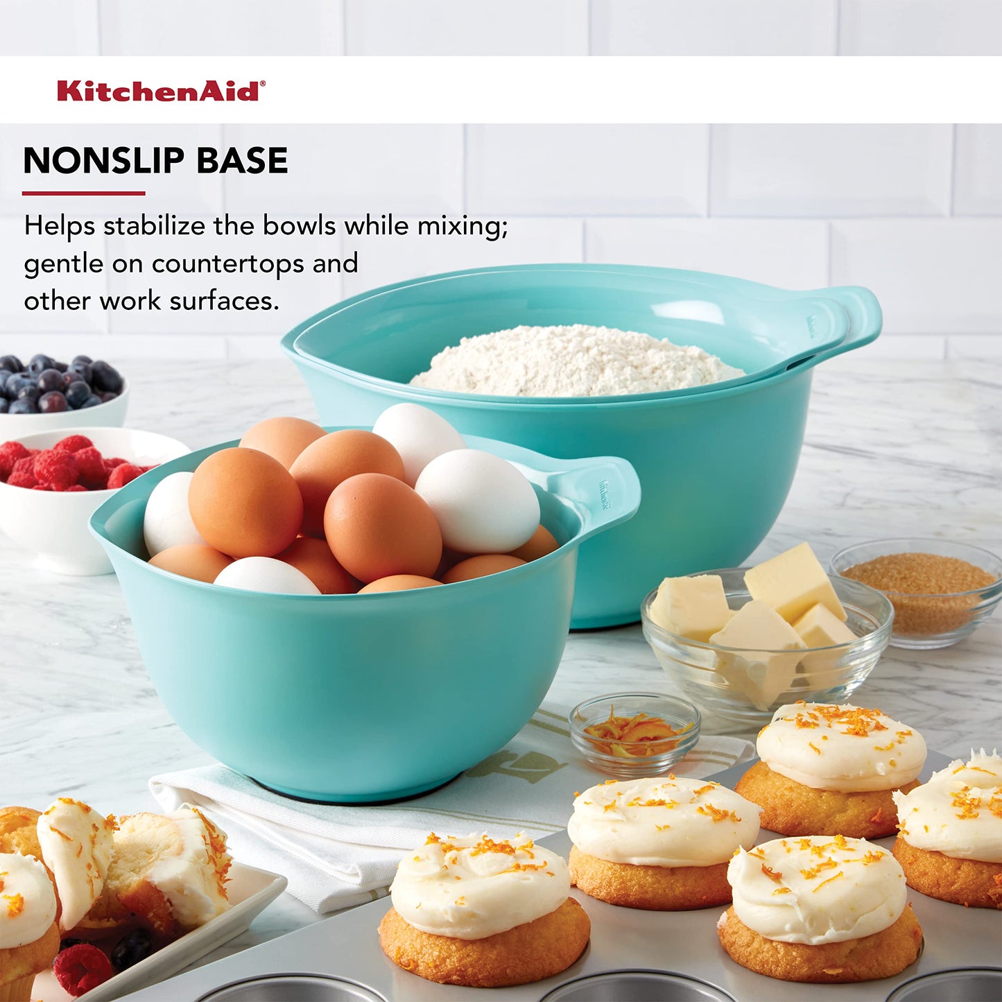 KitchenAid Universal Nesting Plastic Mixing Bowls with Non Slip Base and Pour Spout, Dishwasher Safe, Set Of 3, 2.5 quart, 3.5 quart and 4.5 quart, Aqua Sky
