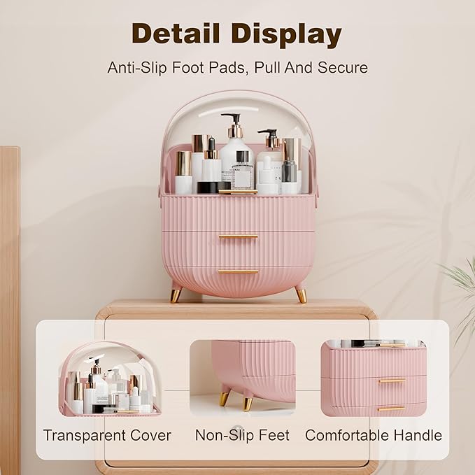lurcns Vanity Organizer with Lid and Drawers, Beauty Skin Care Storage for Countertop, Birthday Gift for Teen Girls, 10 11 12 13 14 15 16 17 18 Year Old Girl Gifts, Pink Makeup Holder for Dresser | for Vanity