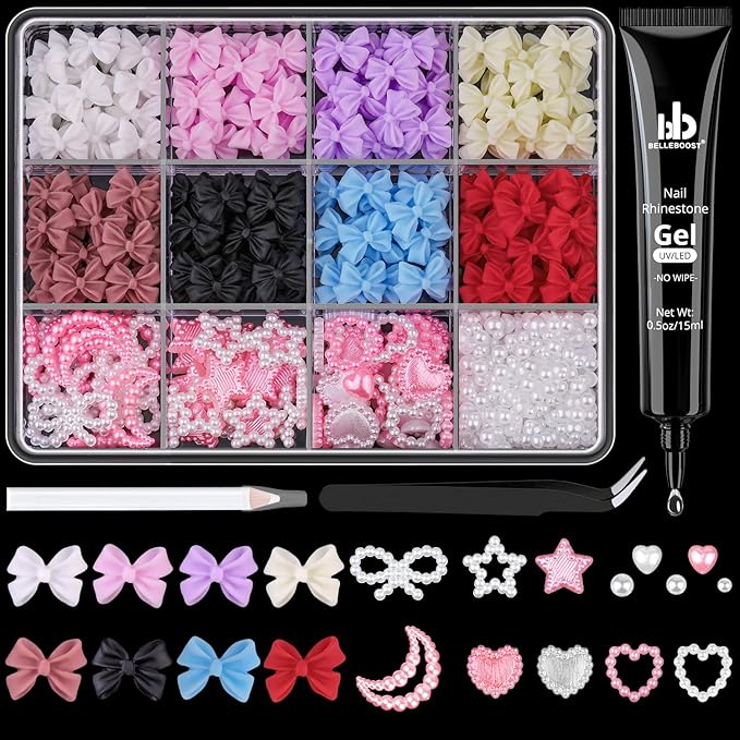 600 Pcs 3D Nail Charms and Flatback Pearls #4, 8 Colors Bow + Pink&White Star Heart Moon Cute Charms + 2-6mm White Pearls for Nail Art Design with Nail Charm Glue(UV Needed) and Pickup Tools