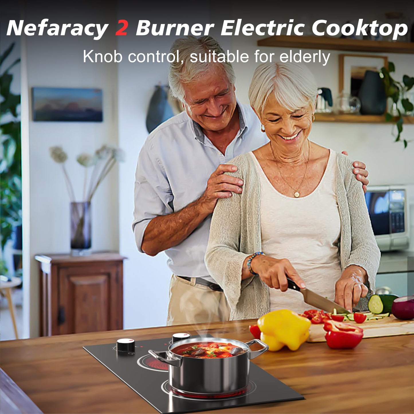 Electric Cooktop 2 Burner, 110V Electric Stove Top 2000W with Knob Control, 12 Inch Electric Radiant Cooktop Countertop & Built-in, Residual Heat Indicator, Over-Heat Protection, Plug in