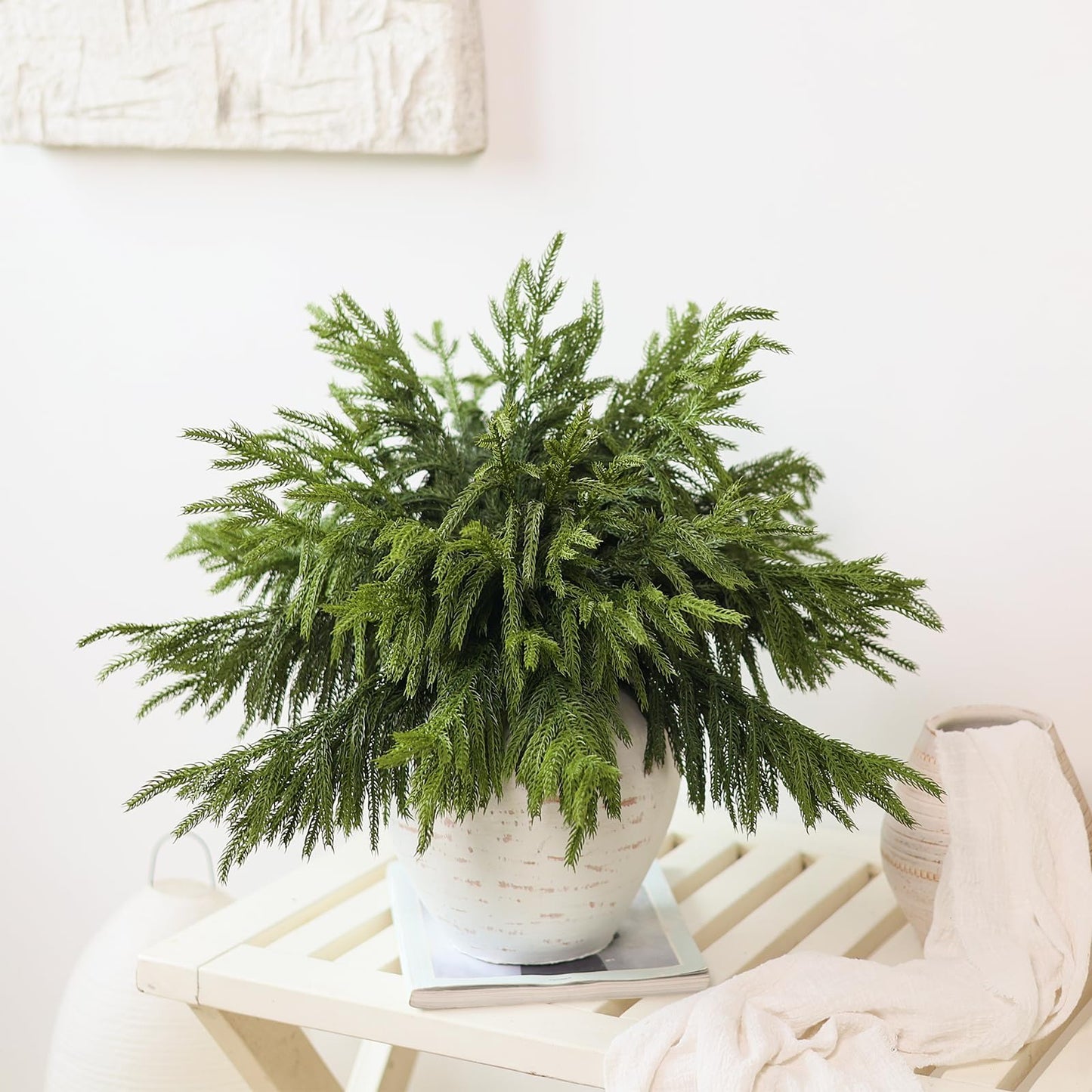 Juxdp 20 Pcs Real Touch Norfolk Pine Branches, Artificial Christmas Green Plants Branch Faux Greenery Stem Fake Pine Picks for Vase DIY Crafts Garland Wreath Xmas Indoor Outdoor Decor(18 Inches)