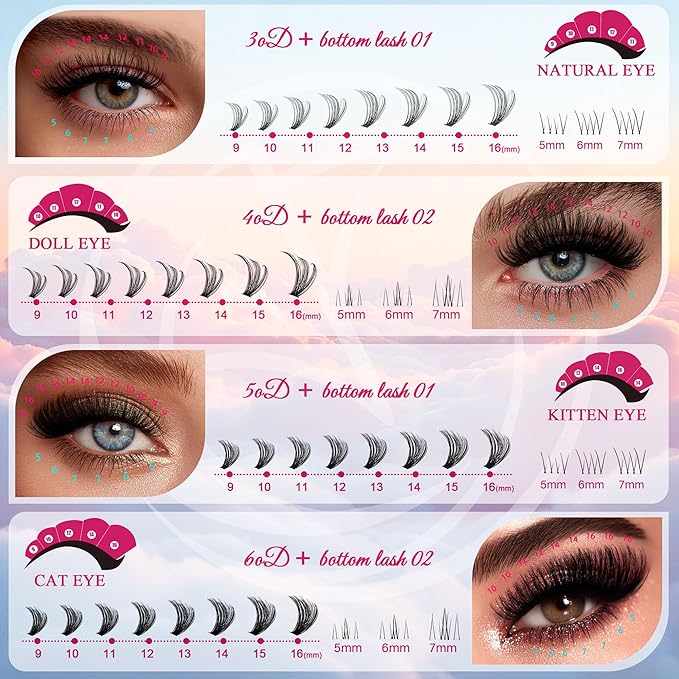 Lash Clusters 30D40D50D60D Lashes Natural Fluffy Eyelash Extensions D Curl With Bottom Eyelashes for Starter DIY at Home