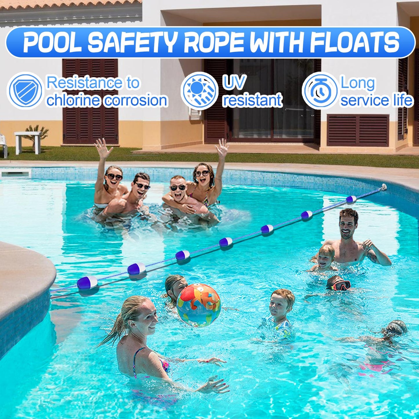 16ft -20ft Adjustable Pool Safety Rope with Floats, Floating Pool Divider- Sturdy, Effective Visibility, Easy to Install - Floating Barrier for Inground Swimming Pools Separating Depth