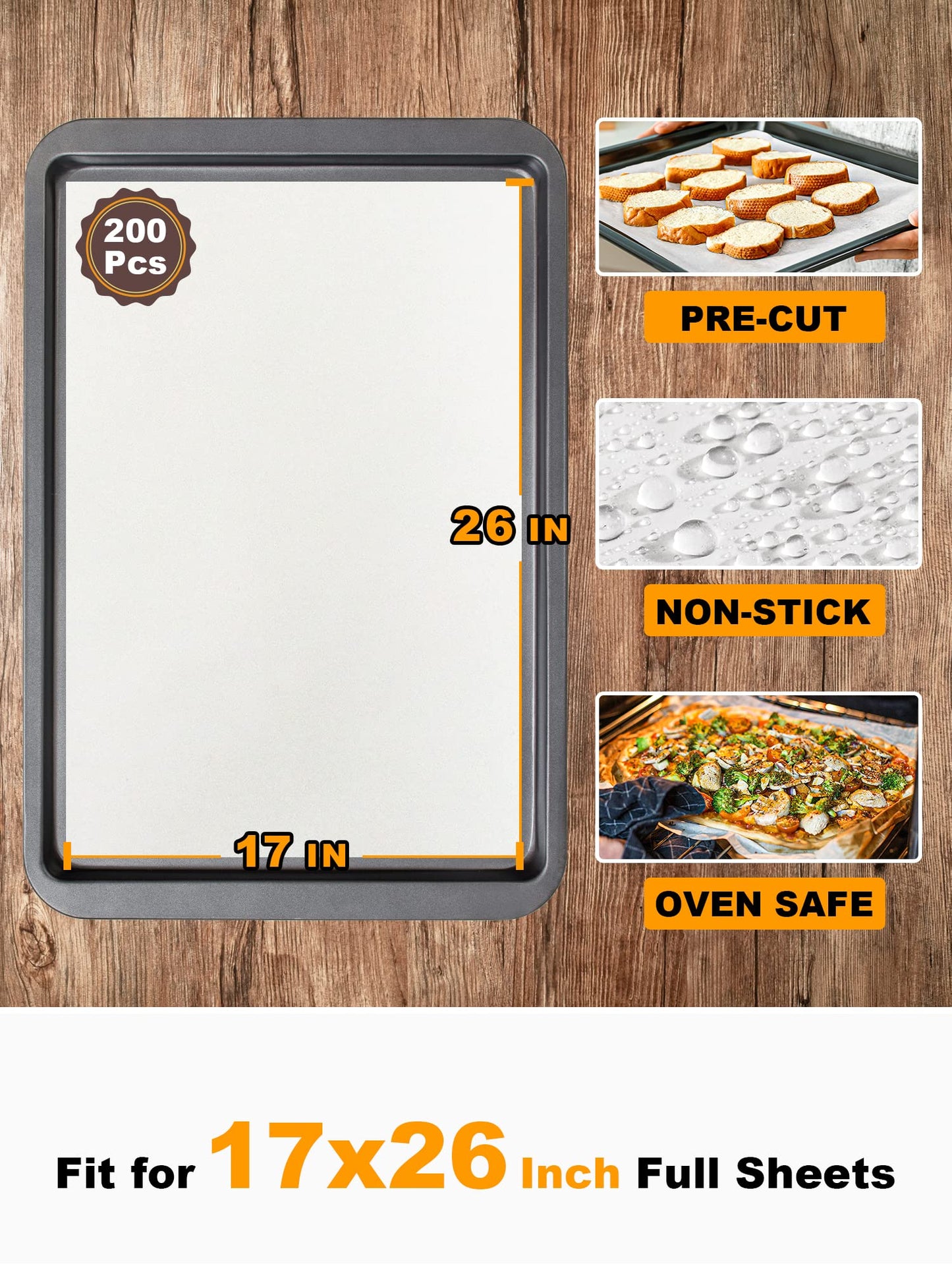 SMARTAKE 200 Pcs Parchment Paper Baking Sheets, 17x26 Inch Non-Stick Precut Baking Parchment, Suitable for Baking Grilling Air Fryer Steaming Bread Cup Cake Cookie and More (White)
