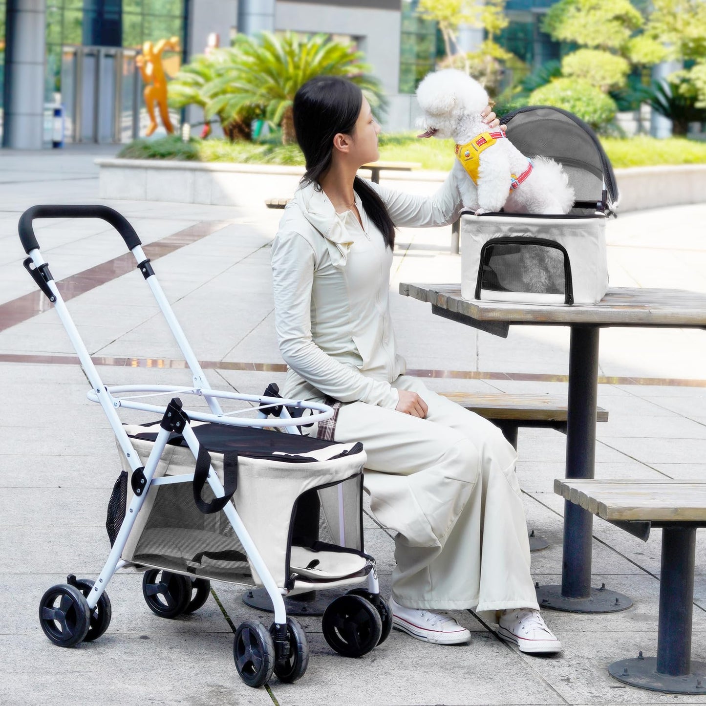 BETSOCCI Double Dog Stroller with 2 Detachable Carrier, Portable Pet Stroller for Small Dogs & Cats Folding Lightweight Puppy Travel Carriage, 4 Wheels, Grey