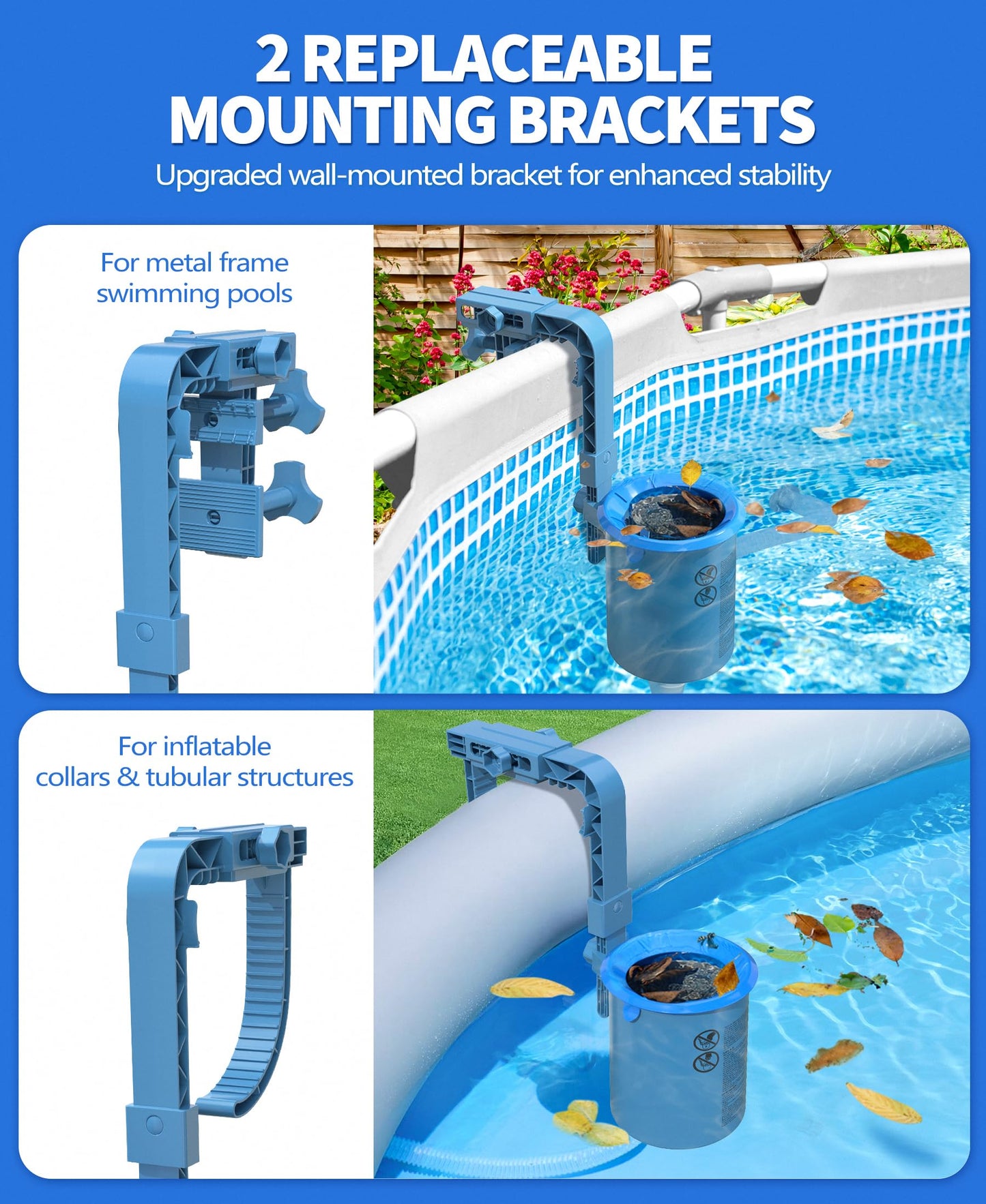 DeeprClean Upgrade Above Ground Pool Skimmer Comes with 3 Socks, Anti-tilt Wall Mount Surface Skimmer, Removable Skimmer Basket, Adjustable Height Bracket, Auto Skimming Pool Surface Leaves - Blue