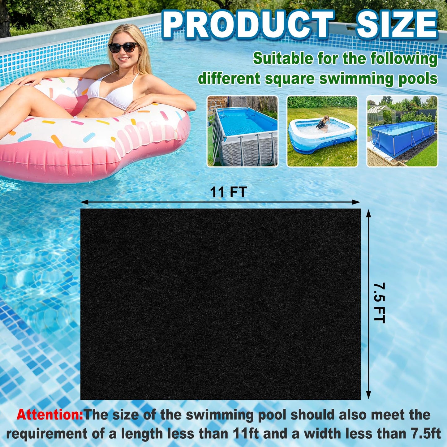 11x7.5Ft Rectangular Pool Liner Pad for Above Ground Swimming Pools,250g/㎡ Heavy Duty Pool Ground Mat Under Pool Pad, Durable Pools Bottom Liner Protector to Prevent Puncture and Extend Liner Life