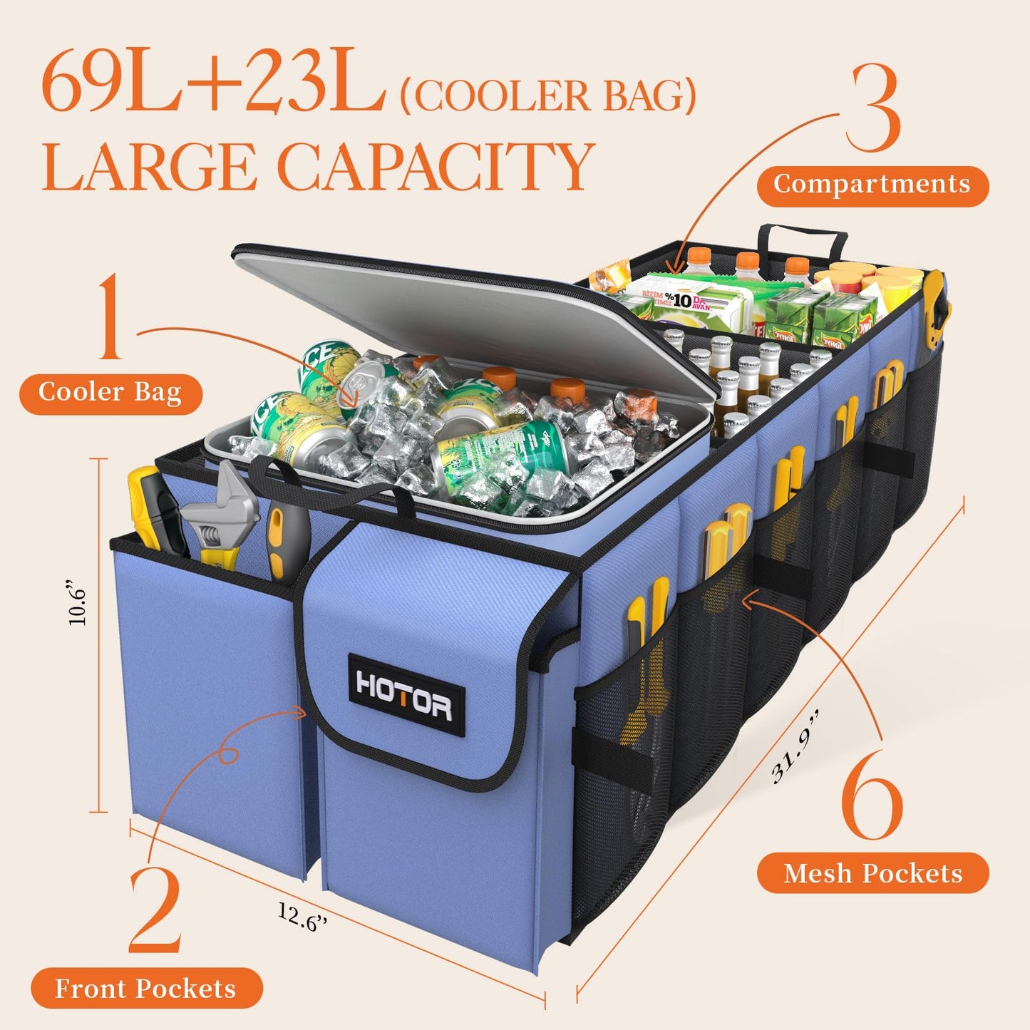 HOTOR Trunk Organizer, Sturdy Foldable with Cooler for Car & SUV, 3 Compartments, Blue, 30.90”×12.60”×10.63”