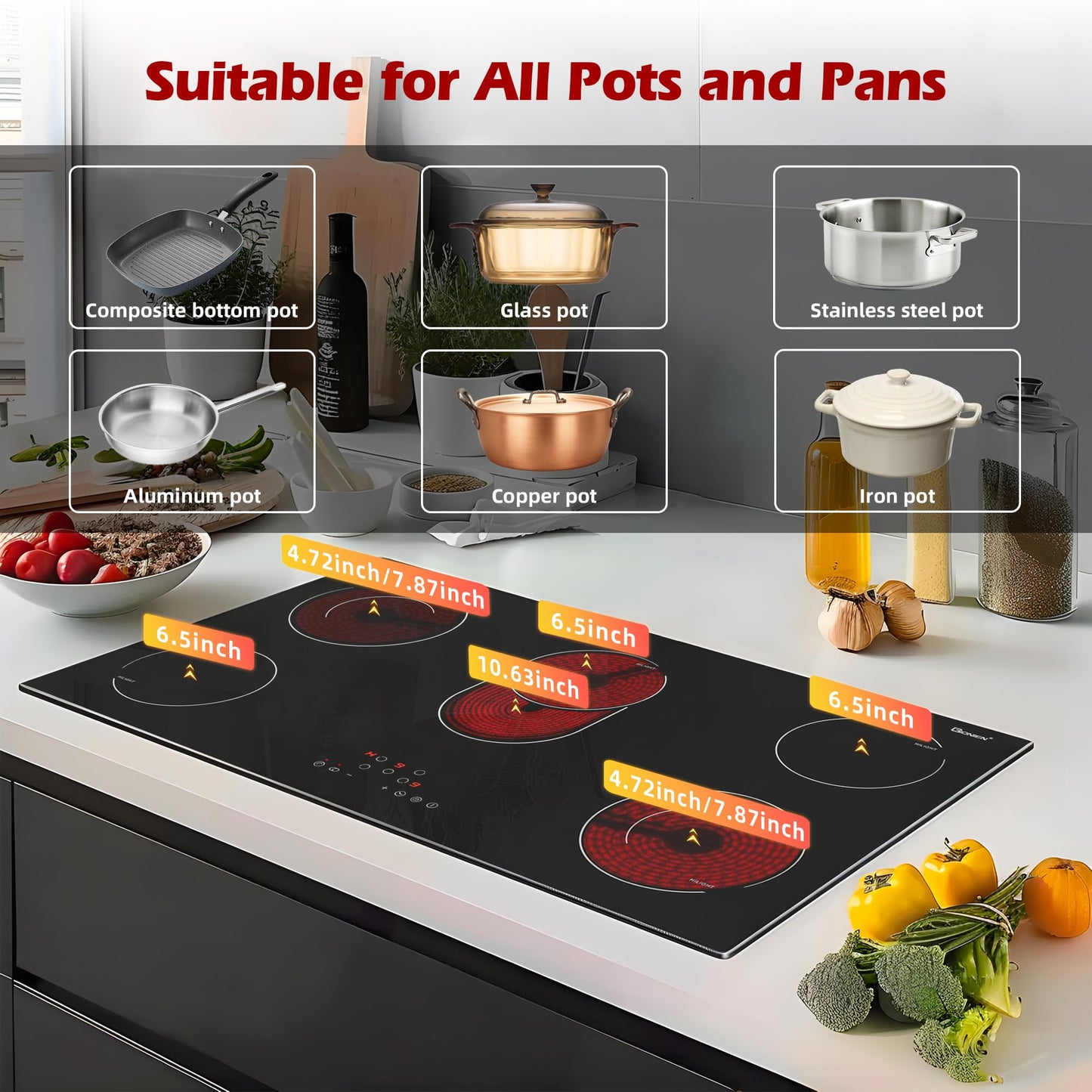Electric Cooktop 36 Inch 5 Burners,220~240V,Built in Electric Stove Top,8400W Radiant Ceramic Cooktop with Hardwired,Touch Control,Child Lock,Dual-Ring Heating,Expandable Zones
