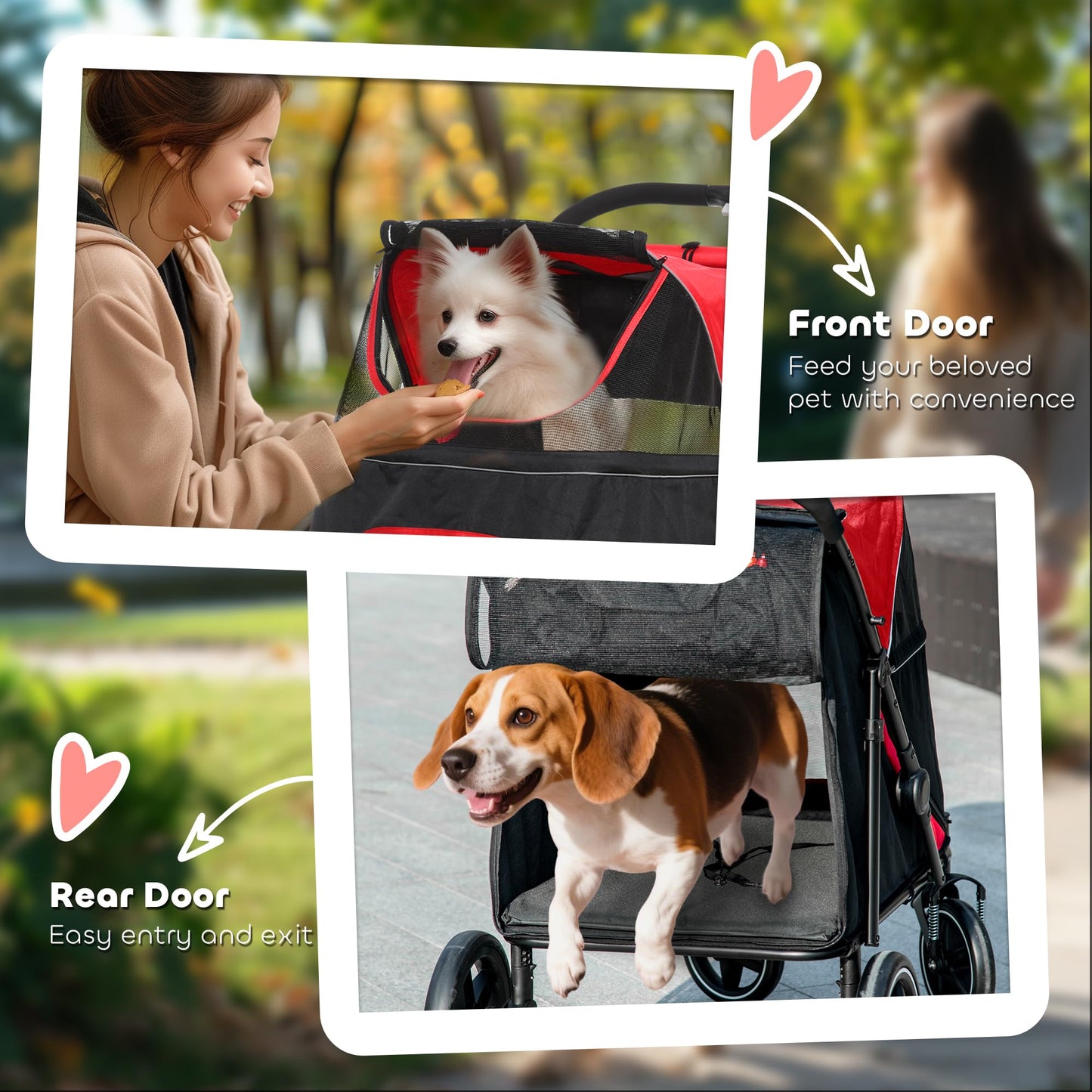 PawHut Dog Stroller for Large Medium Small Dogs up to 66 Lbs. 23.5" in Body Length, One-Click Foldable Pet Cat Stroller with Storage, Shock Absorption Wheels, Mesh Window, Safety Leash, Red