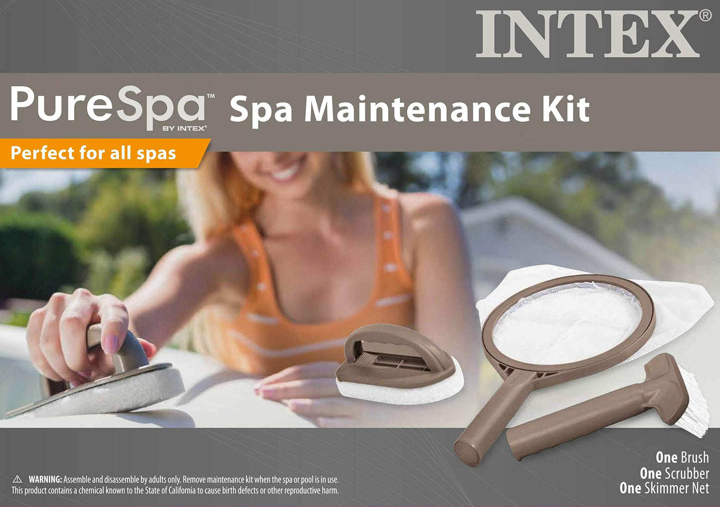 Intex PureSpa Hot Tub and Spa Maintenance Accessory Kit with Curved Brush, Mesh Net Skimmer, and Scrubber for Inflatable PureSpa Home Hot Tubs