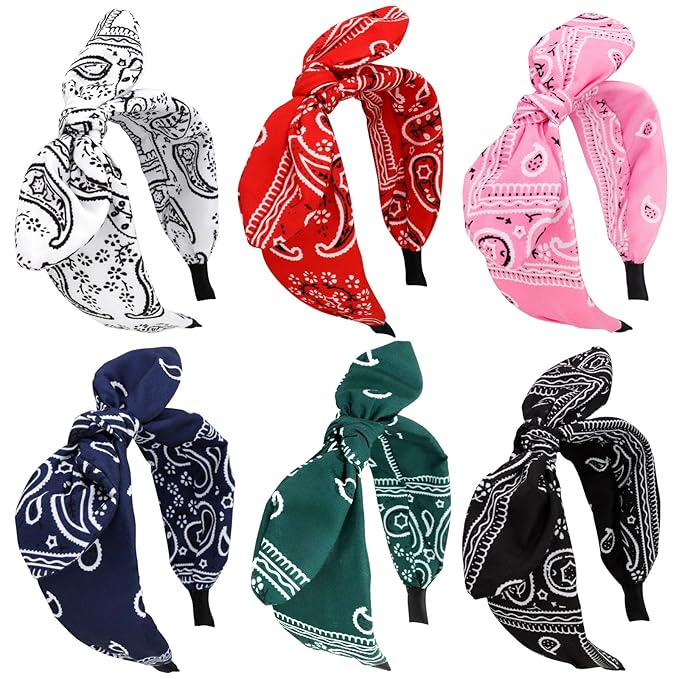 Jaciya 6 Pieces Bandana Bow Headbands for Women Wide Black Headbands for Girls Hair Accessories Knot Headband with Bow