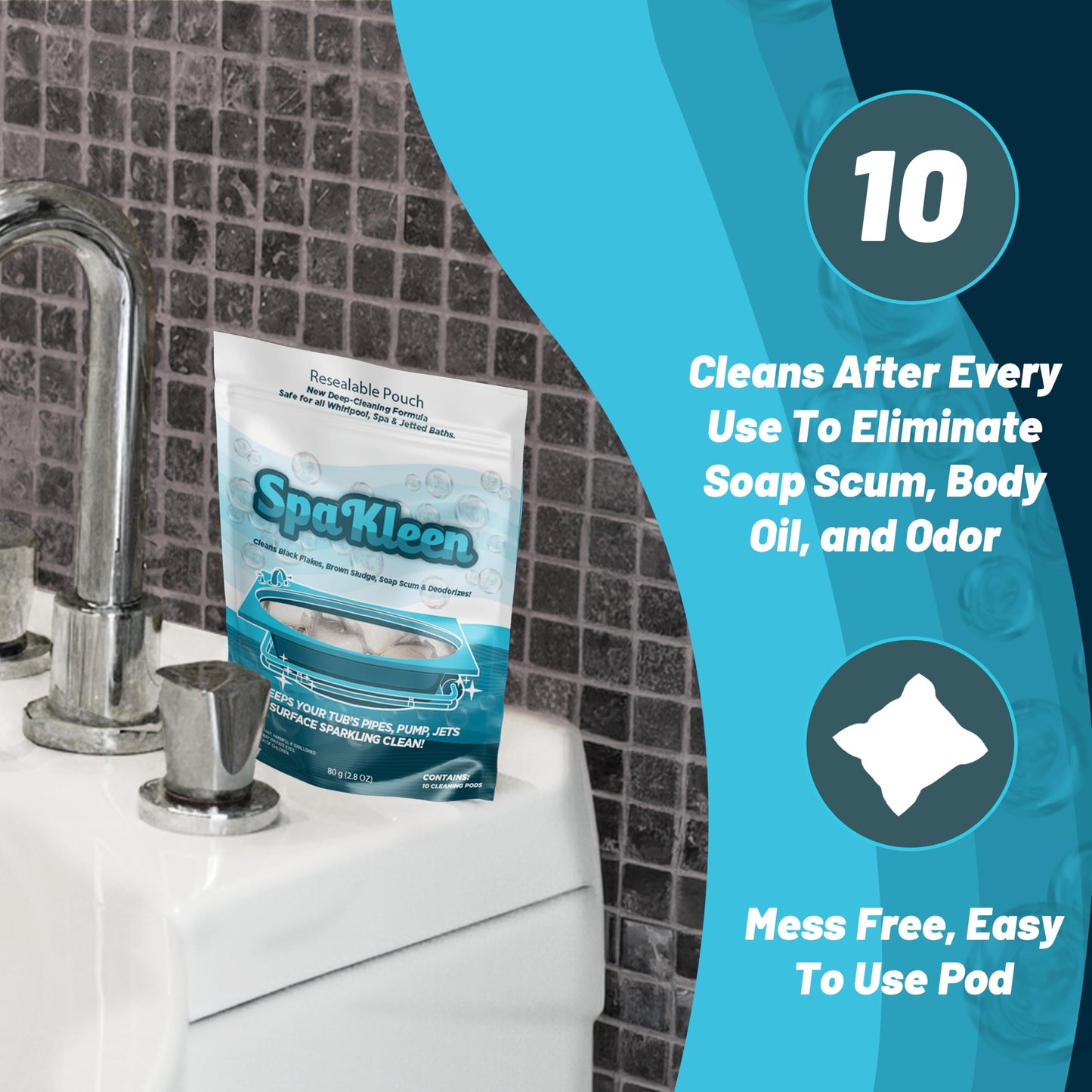 SpaKleen Jetted Tub Cleaner – Unscented, Septic Safe Powder for Whirlpool & Jacuzzi | 10 Cleanings Per Pouch | Fast 15-Minute Action | Removes Sludge, Soap Scum & Black Flakes | Made in USA