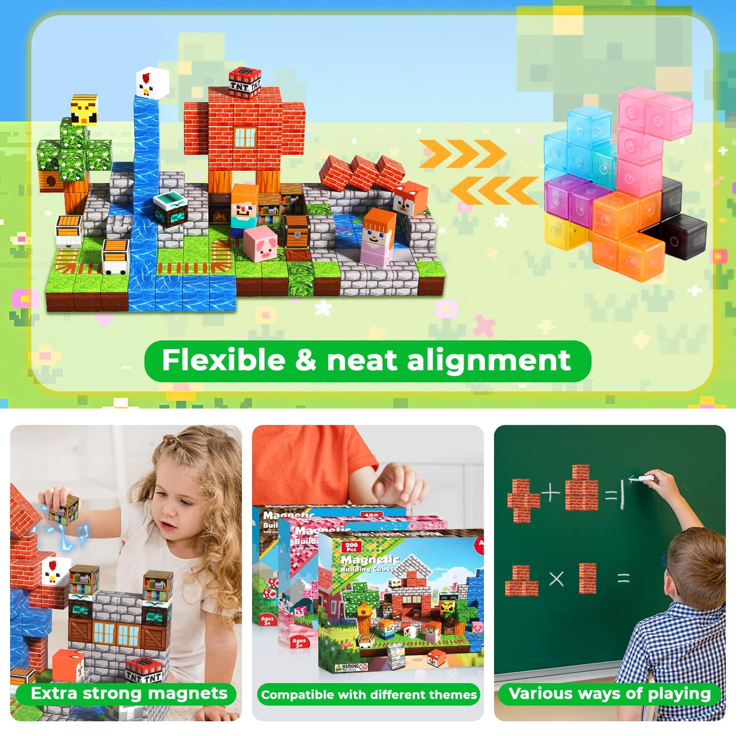 200 PCS Magnetic Blocks - Magnetic Building Blocks, Stacking Magnets for Kids, Sensory Toy for STEM Montessori Sensory Toys for Kids 3+ Boys and Girls Christmas Birthday Gifts
