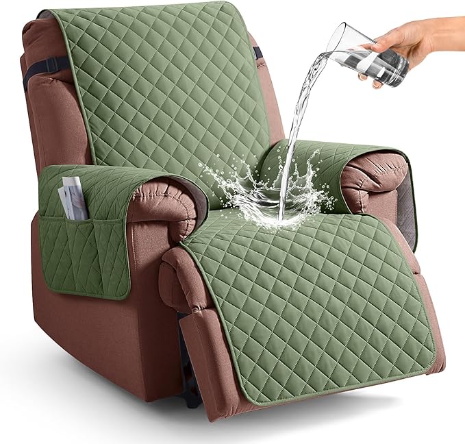KinCam 100% Waterproof Recliner Chair Cover, Reclining Couch Covers for Pets, Dogs, Recliner Couch Slipcover Furniture Protector with Elastic Straps for Kids(28", Cactus Green)