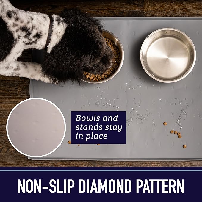 Leash Boss Dog Food Mat - Waterproof Cat & Dog Bowl Mat for Food and Water, Silicone Pet Feeding Mats for Floors, Non-Slip Placemat with High Edges, Puppy Essentials (XXL: 30"x22", Navy)